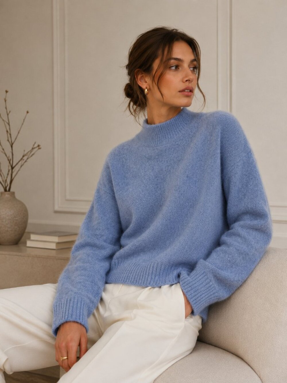 Tahari 100% 2-Ply Cashmere Sweater Women L Blue Mock Neck Soft Luxury Knit